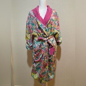 Vtg Victorias Secret Bathrobe One Size Pink Floral Terry Lined Gold Label *FLAWS